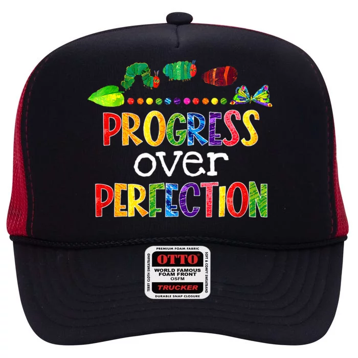 Progress Over Perfection Motivational Teacher High Crown Mesh Trucker Hat