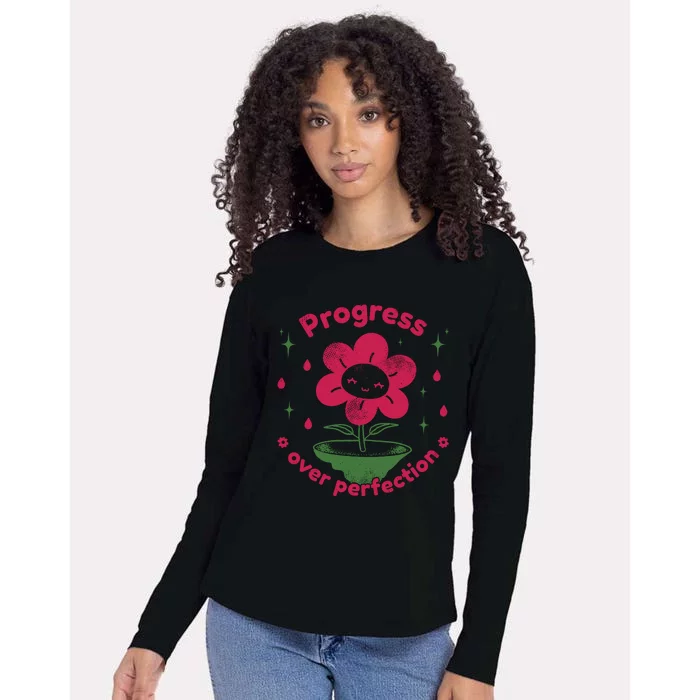 Progress Over Perfection Flower Womens Cotton Relaxed Long Sleeve T-Shirt