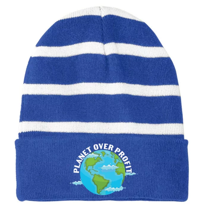 Planet Over Profit Earth Day Environtal Gift Striped Beanie with Solid Band