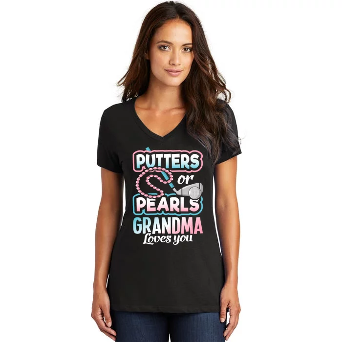 Putters Or Pearls Gender Reveal Grandma Baby Party Supplies Women's V-Neck T-Shirt