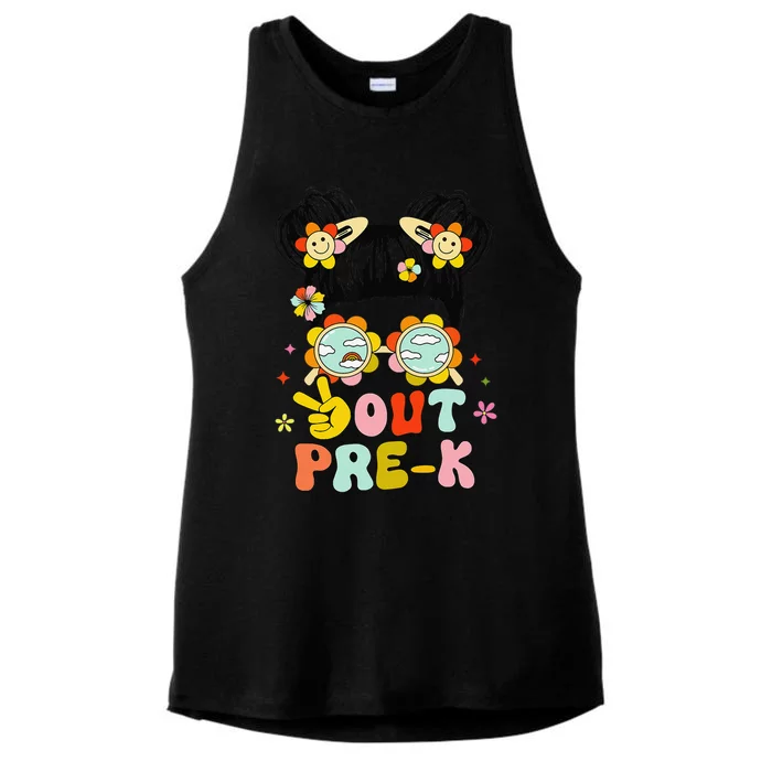 Peace Out Prek Graduation Messy Bun Ladies Tri-Blend Wicking Tank