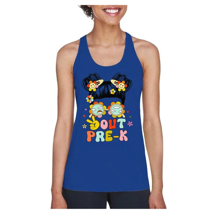 Peace Out Prek Graduation Messy Bun Women's Racerback Tank