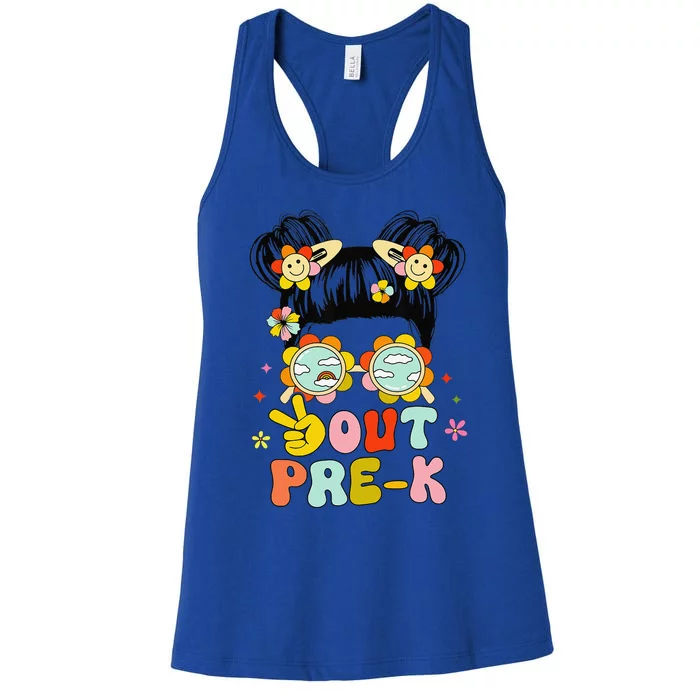 Peace Out Prek Graduation Messy Bun Women's Racerback Tank