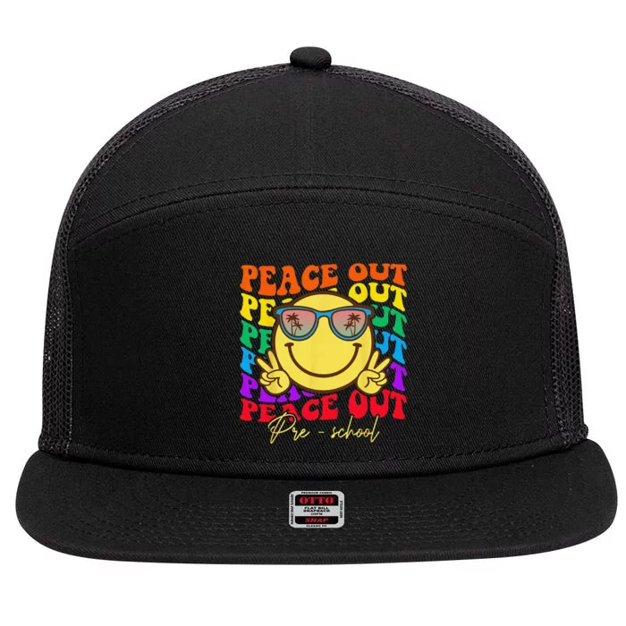 Peace Out Preschool Graduation Smile Retro Face 7 Panel Mesh Trucker Snapback Hat