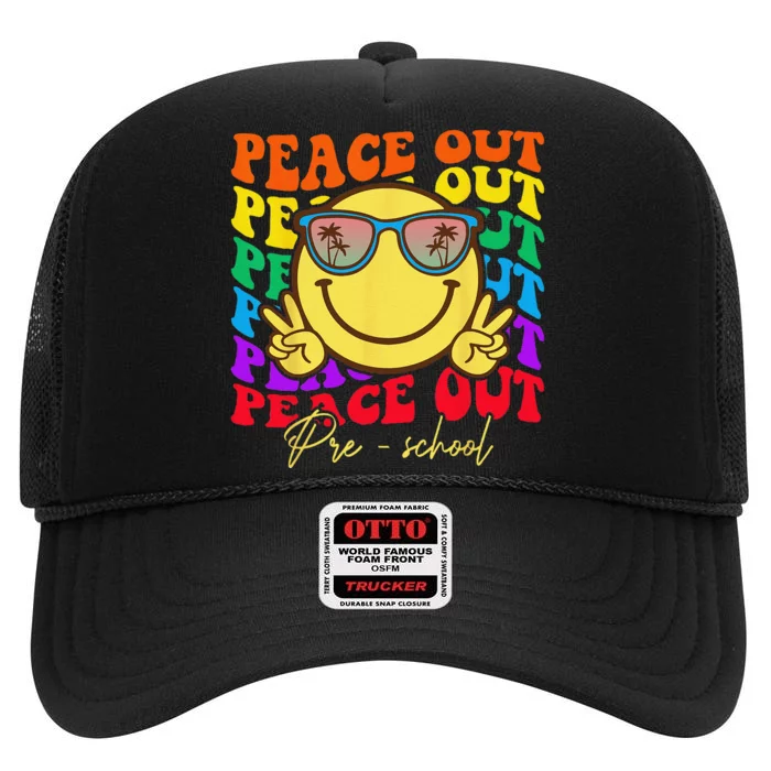 Peace Out Preschool Graduation Smile Retro Face High Crown Mesh Trucker Hat