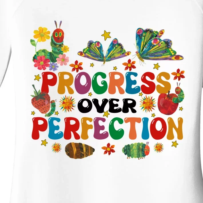 Progress Over Perfection Friends Hungry Caterpillar Teacher Butterfly Women's Perfect Tri Tunic Long Sleeve Shirt