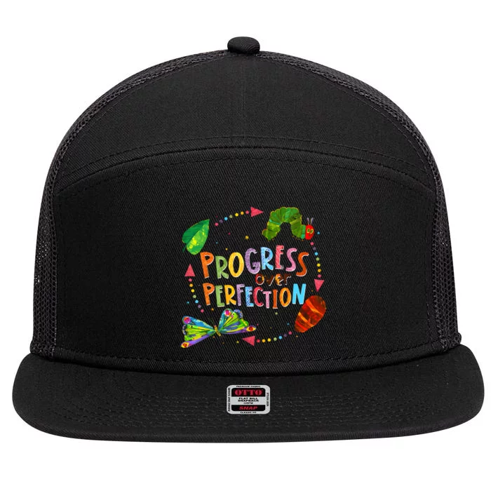 Progress Over Perfection Very Hungry Caterpillar Teacher 7 Panel Mesh Trucker Snapback Hat