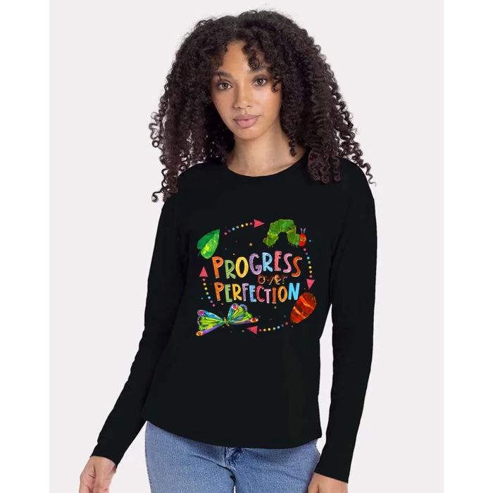 Progress Over Perfection Very Hungry Caterpillar Teacher Womens Cotton Relaxed Long Sleeve T-Shirt