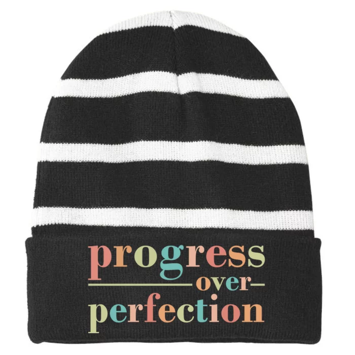 Progress Over Perfection Quote Striped Beanie with Solid Band