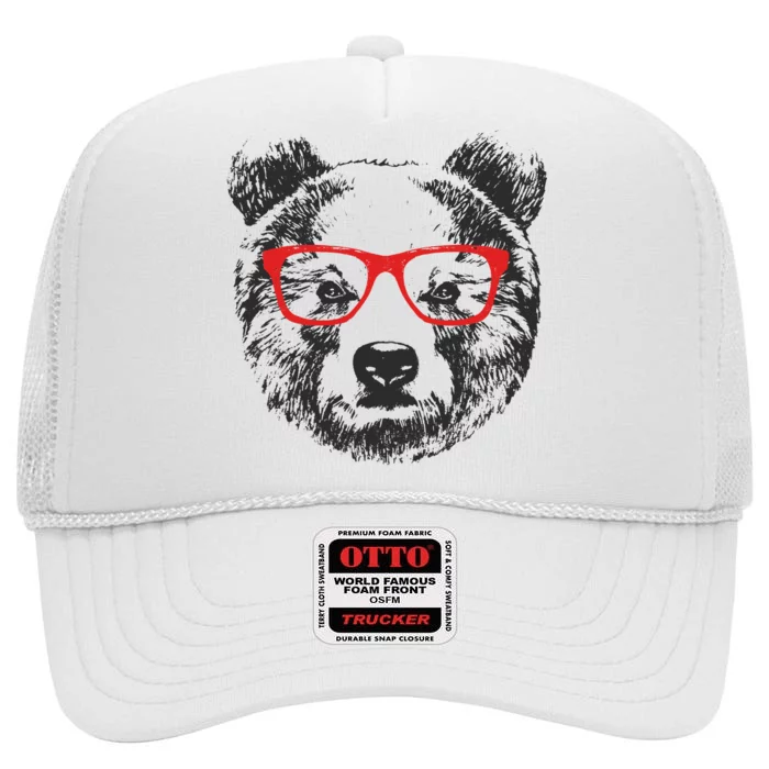 Portrait of Bear with glasses High Crown Mesh Trucker Hat