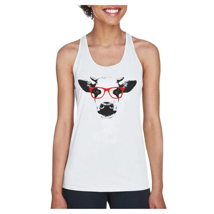 Portrait of Cow with glasses Women's Racerback Tank