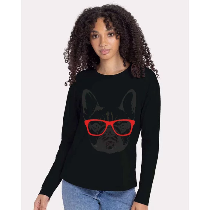 Portrait of French Bulldog with glasses Womens Cotton Relaxed Long Sleeve T-Shirt