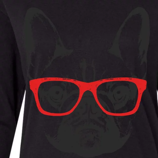 Portrait of French Bulldog with glasses Womens Cotton Relaxed Long Sleeve T-Shirt