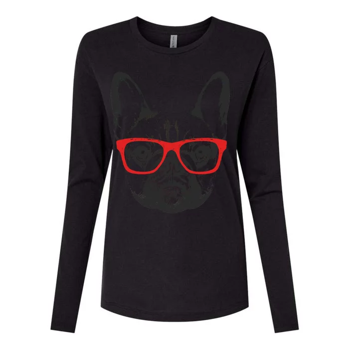 Portrait of French Bulldog with glasses Womens Cotton Relaxed Long Sleeve T-Shirt