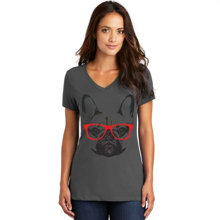 Portrait of French Bulldog with glasses Women's V-Neck T-Shirt