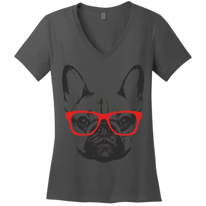 Portrait of French Bulldog with glasses Women's V-Neck T-Shirt