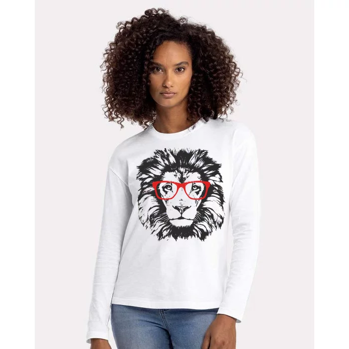 Portrait of Lion with glasses Womens Cotton Relaxed Long Sleeve T-Shirt