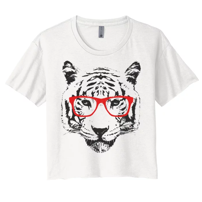 Portrait of Tiger With Glasses Women's Crop Top Tee