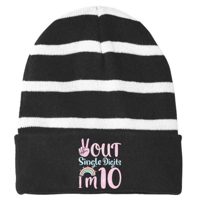 Peace Out Single Digits Retro Groovy 10th Birthday Striped Beanie with Solid Band