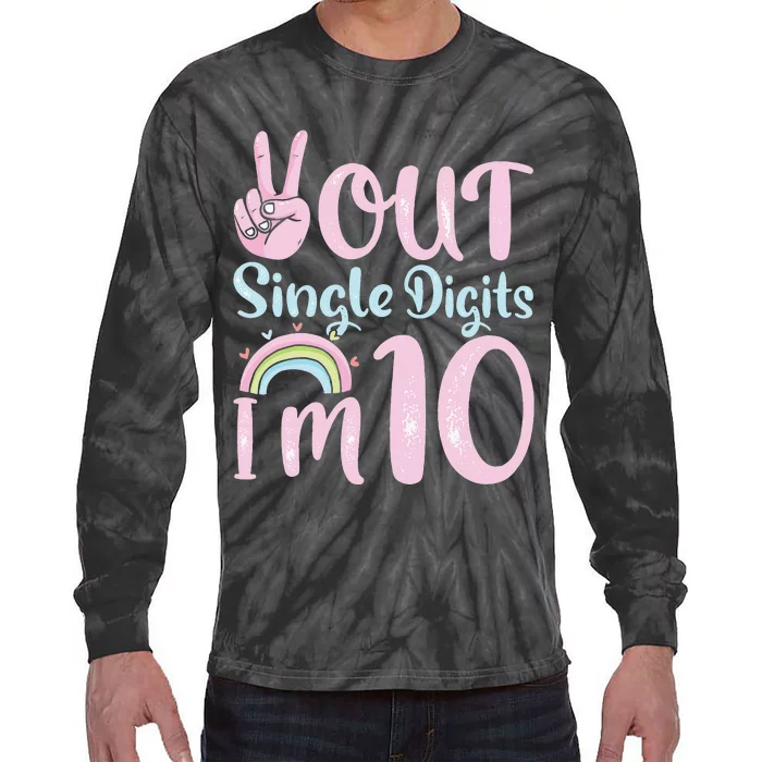 Peace Out Single Digits Retro Groovy 10th Birthday Tie-Dye Long Sleeve Shirt