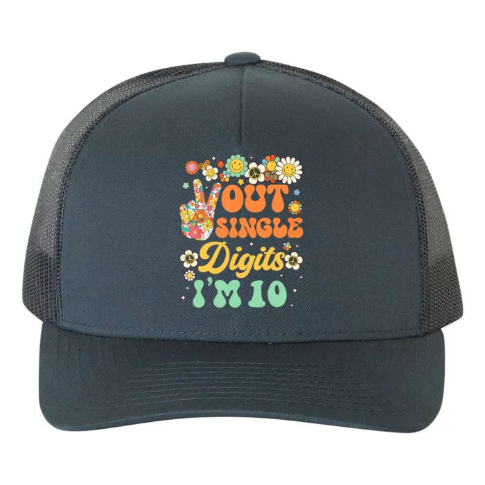 Peace Out Single Digits I'm 10 Retro Sunflower Groovy Yupoong Adult 5-Panel Trucker Hat