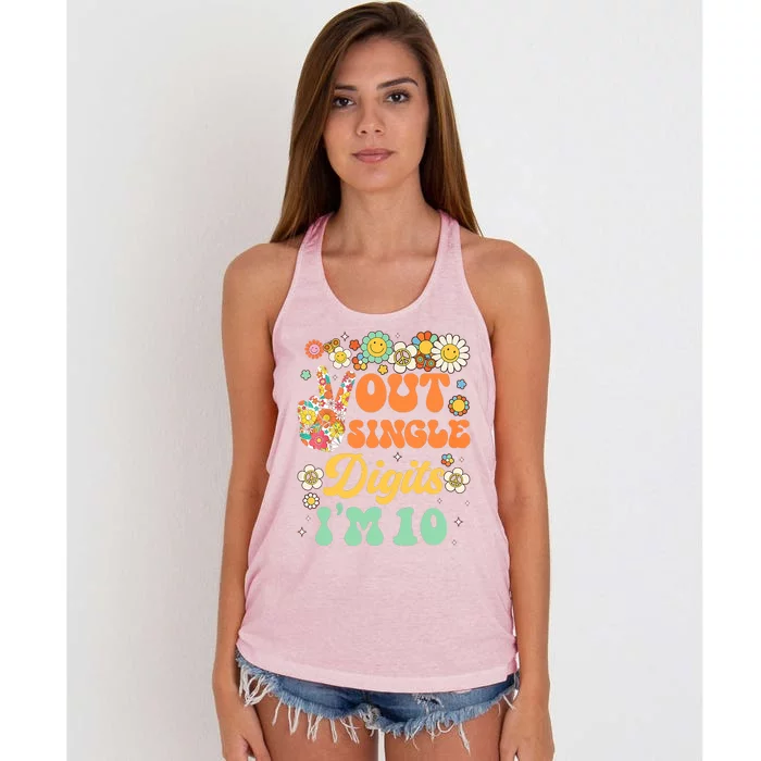 Peace Out Single Digits I'm 10 Retro Sunflower Groovy Women's Knotted Racerback Tank