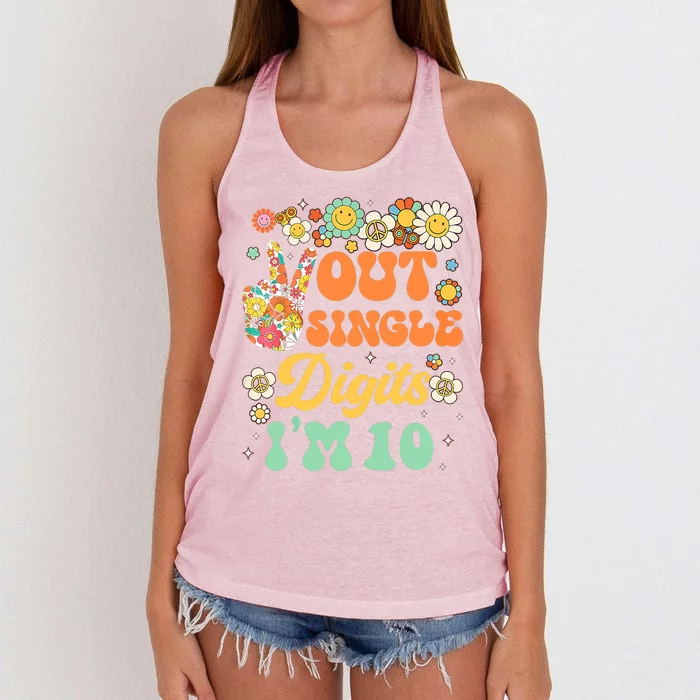 Peace Out Single Digits I'm 10 Retro Sunflower Groovy Women's Knotted Racerback Tank