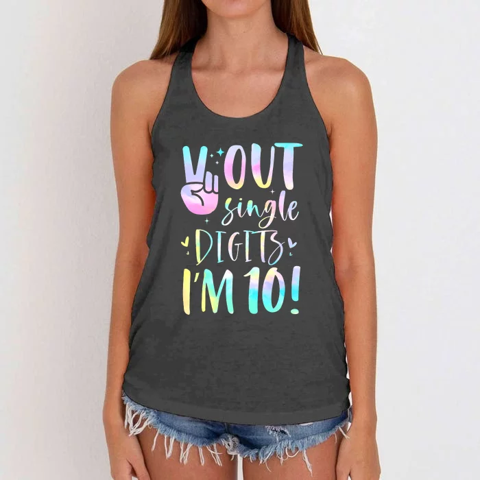 Peace Out Single Digits I'm 10 Year Old 10th Birthday Girl Women's Knotted Racerback Tank