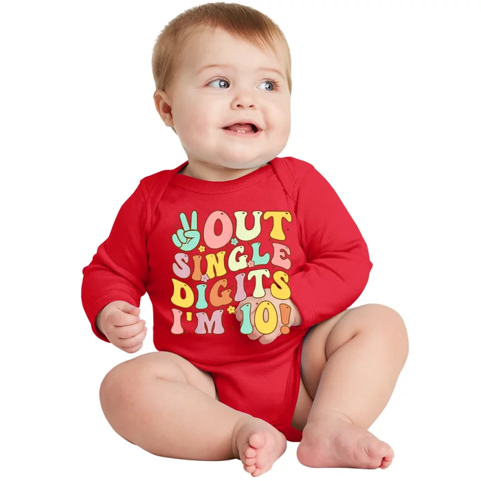 Peace Out Single Digits Retro Groovy 10th Birthday Baby Long Sleeve Bodysuit