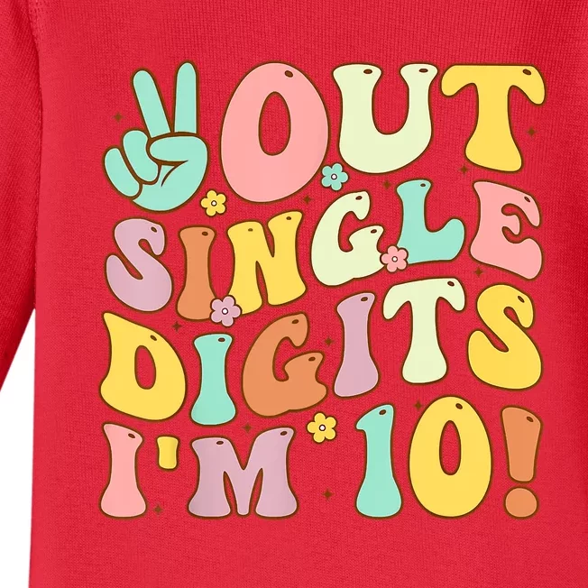 Peace Out Single Digits Retro Groovy 10th Birthday Baby Long Sleeve Bodysuit