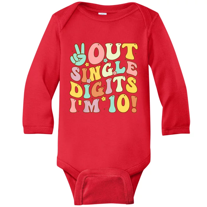 Peace Out Single Digits Retro Groovy 10th Birthday Baby Long Sleeve Bodysuit