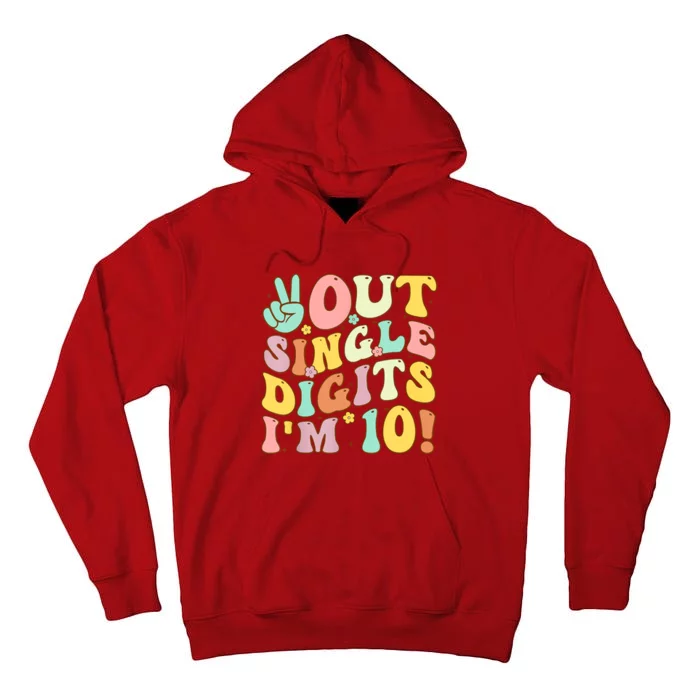 Peace Out Single Digits Retro Groovy 10th Birthday Tall Hoodie