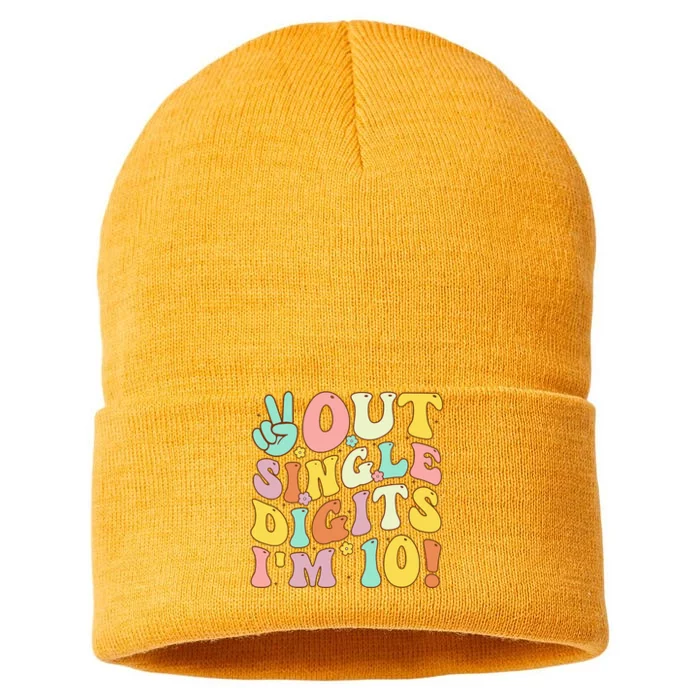 Peace Out Single Digits Retro Groovy 10th Birthday Sustainable Knit Beanie