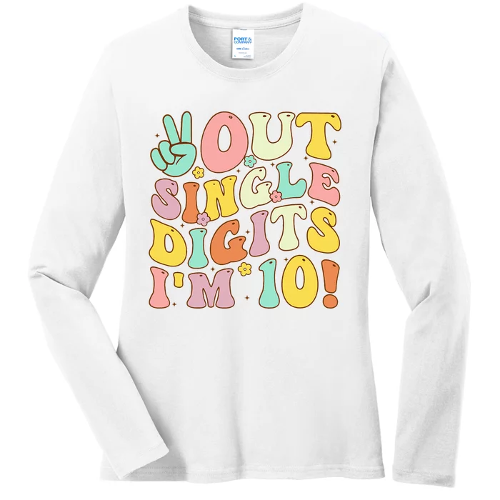 Peace Out Single Digits Retro Groovy 10th Birthday Ladies Long Sleeve Shirt