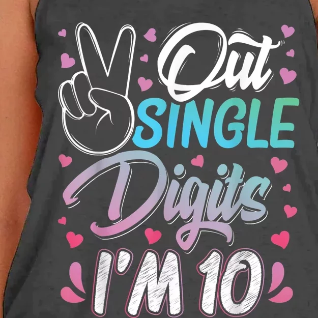 Peace Out Single Digits I'm 10 Year Old 10th Birthday Girl Women's Knotted Racerback Tank