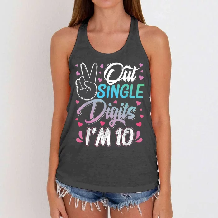 Peace Out Single Digits I'm 10 Year Old 10th Birthday Girl Women's Knotted Racerback Tank