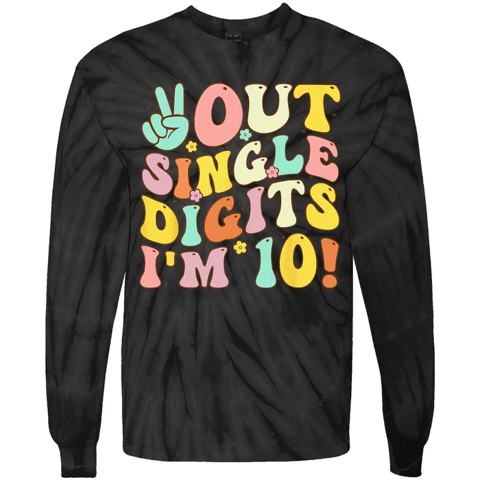 Peace Out Single Digits Retro Groovy 10th Birthday Tie-Dye Long Sleeve Shirt