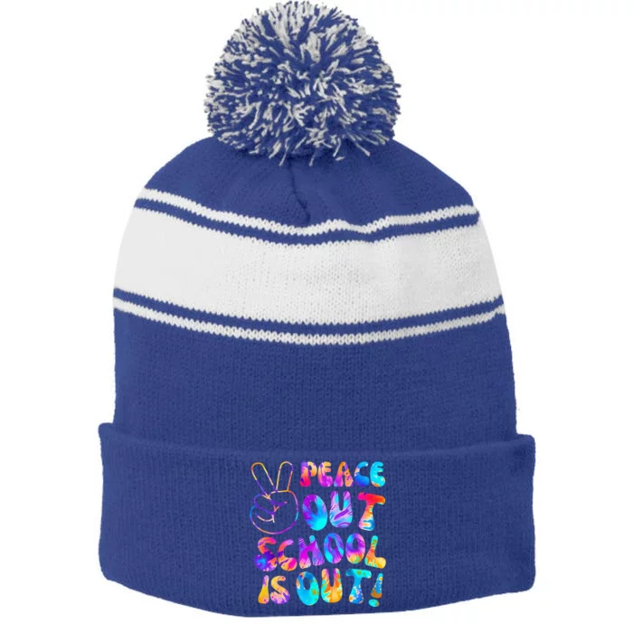 Peace Out School is Out for the Summer Tie Dye Retro Student Stripe Pom Pom Beanie