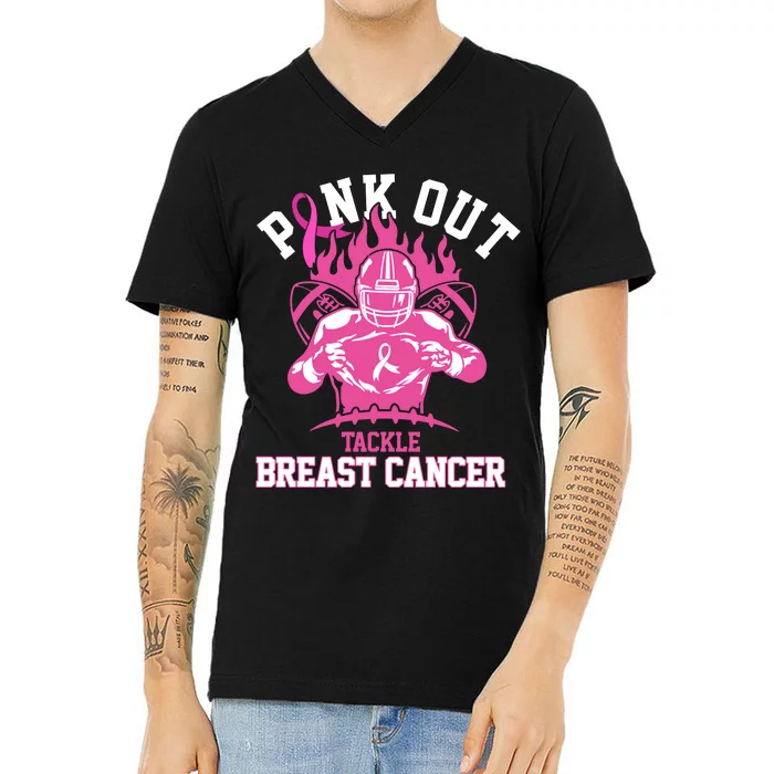 Pink Out Tackle Breast Cancer Awareness Football V-Neck T-Shirt