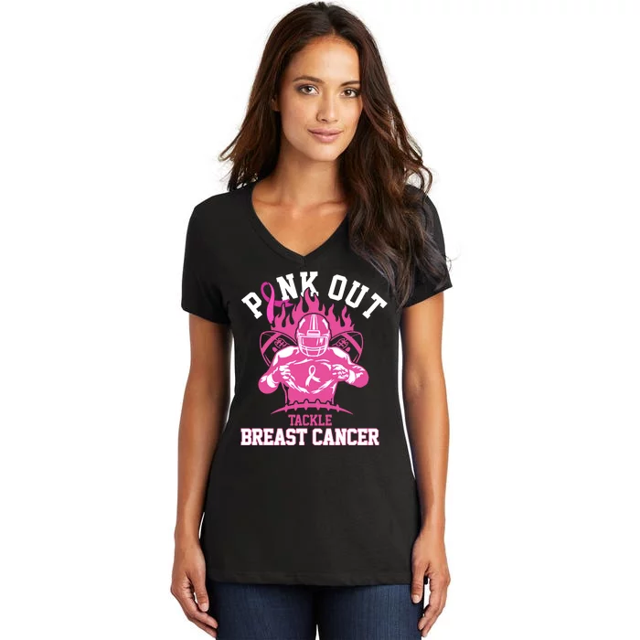 Pink Out Tackle Breast Cancer Awareness Football Women's V-Neck T-Shirt