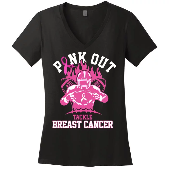 Pink Out Tackle Breast Cancer Awareness Football Women's V-Neck T-Shirt