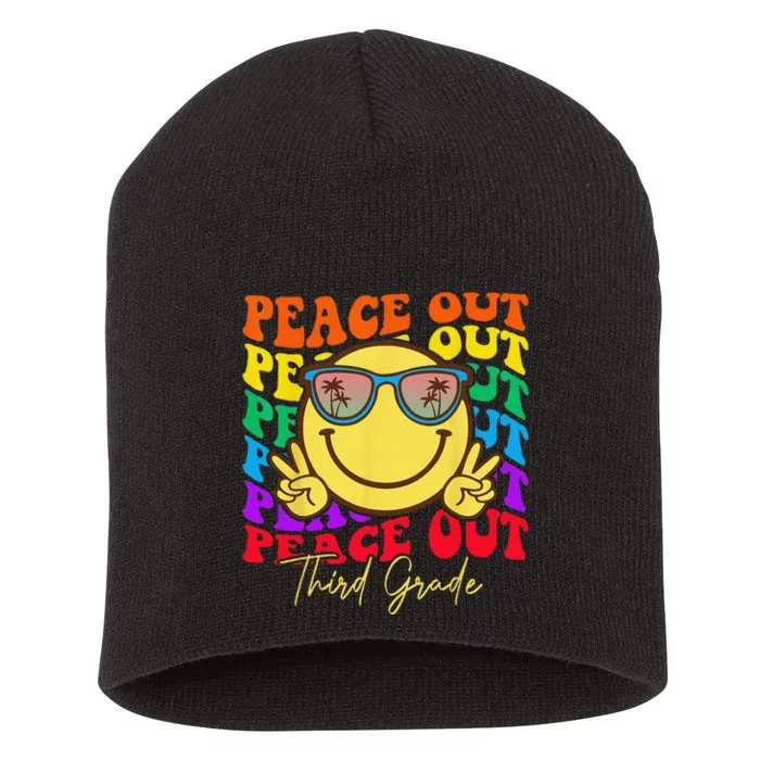 Peace Out Third Grade Graduation Smile Retro Face Short Acrylic Beanie