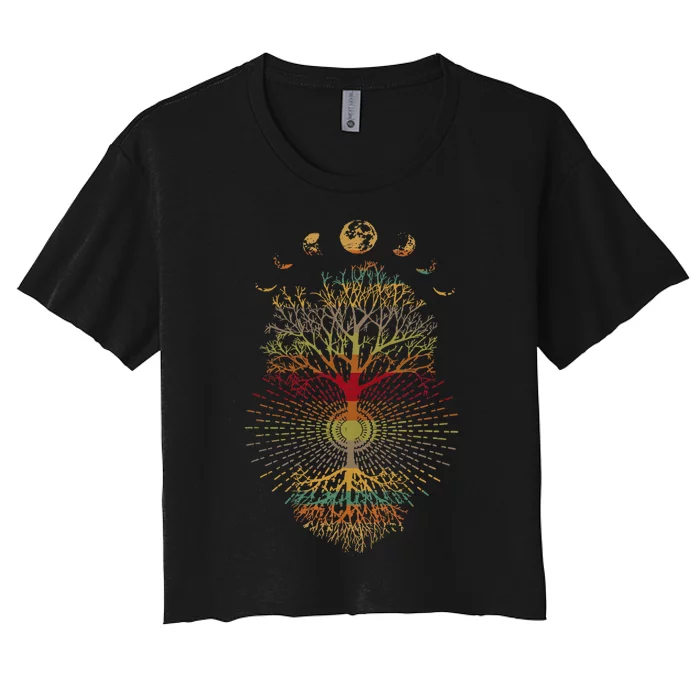 Phases Of The Moon Retro 60S 70S Vibe Tree Of Life Women's Crop Top Tee