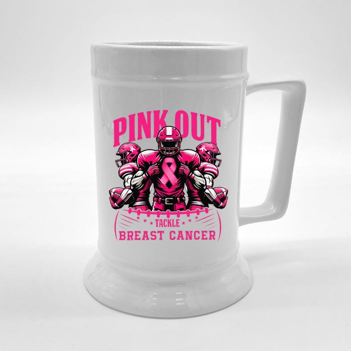 Pin.K Out Tackle Breast Cancer Awareness Football Pin.K Ribbon Front & Back Beer Stein