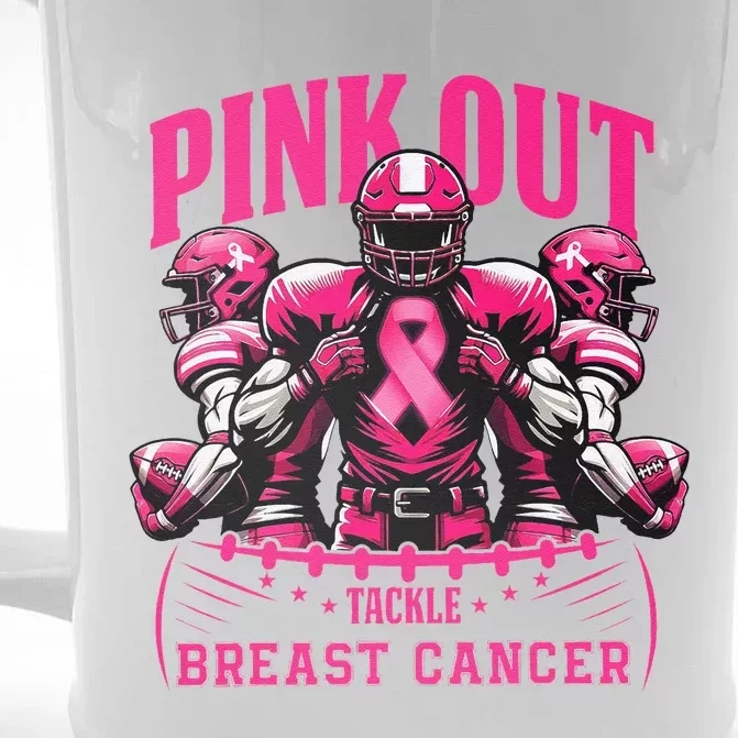 Pin.K Out Tackle Breast Cancer Awareness Football Pin.K Ribbon Front & Back Beer Stein