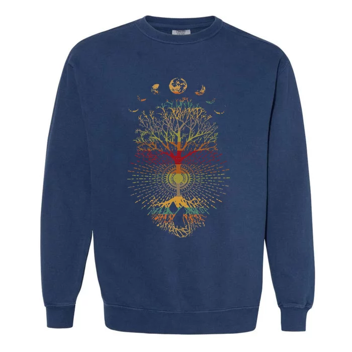 Phases Of The Moon Retro 60s 70s Vibe Tree Of Life Garment-Dyed Sweatshirt