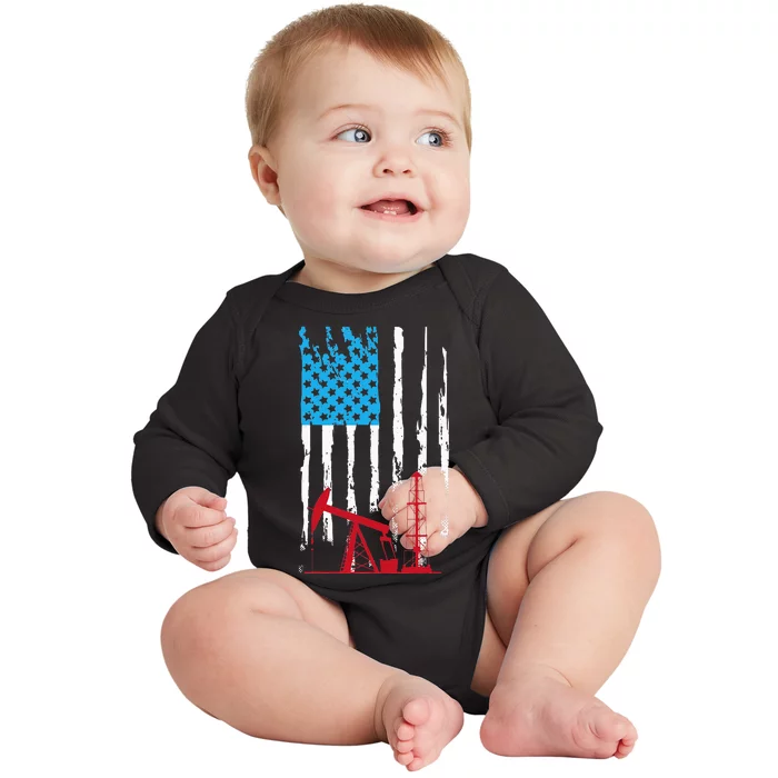 Patriotic Oilfield Worker Oilman Oil Rig Drilling US Flag Baby Long Sleeve Bodysuit