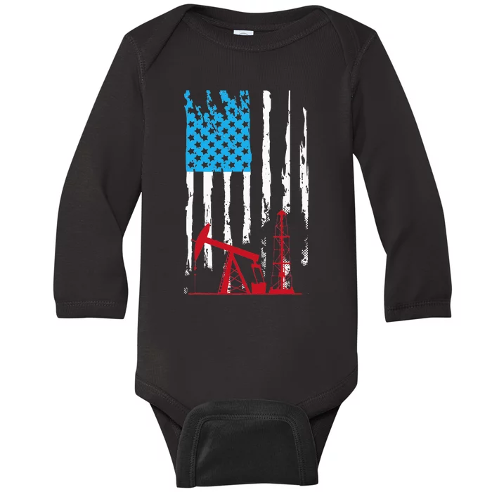 Patriotic Oilfield Worker Oilman Oil Rig Drilling US Flag Baby Long Sleeve Bodysuit