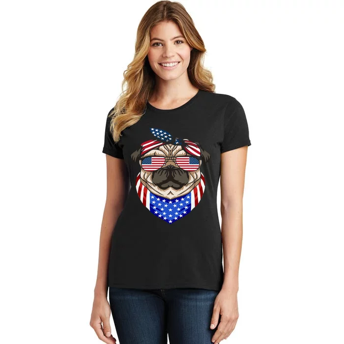 Patriotic Pug 4th Of July Cute Dog American Flag Sunglasses Women's T-Shirt