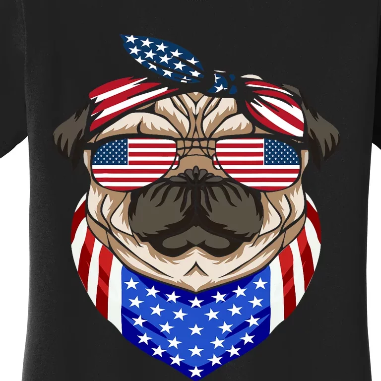 Patriotic Pug 4th Of July Cute Dog American Flag Sunglasses Women's T-Shirt